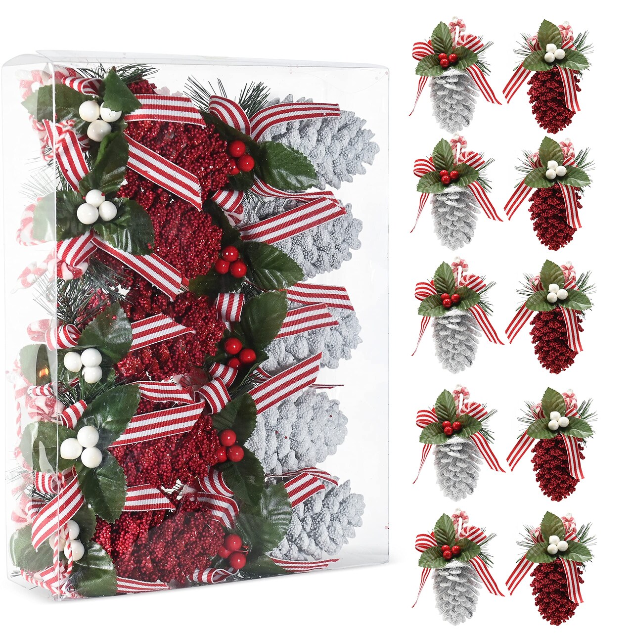 Ornativity Red and White Ornaments - Glitter Red and White Coated Pinecone Ornament with Realistic Holly Leaf and Red Cranberry Berries with Candy String Christmas Tree Decoration Set - Pack of 10